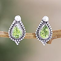 Peridot button earrings, 'Fortune Drops' - Sterling Silver Button Earrings with Faceted Peridot Stones