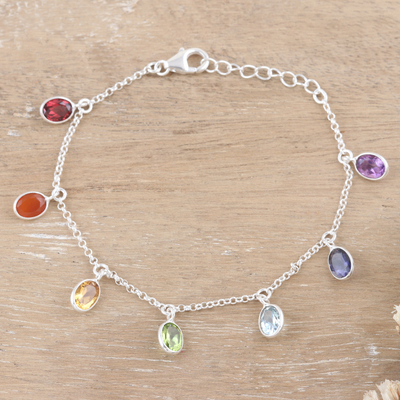 Multi-gemstone charm bracelet, 'Sweet Rainbow Souls' - Sterling Silver Charm Bracelet with Faceted Gemstones