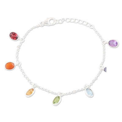 Multi-gemstone charm bracelet, 'Sweet Rainbow Souls' - Sterling Silver Charm Bracelet with Faceted Gemstones