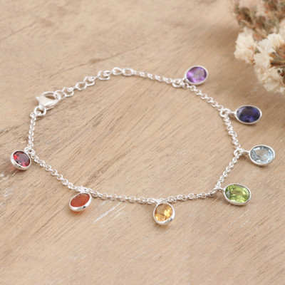 Multi-gemstone charm bracelet, 'Sweet Rainbow Souls' - Sterling Silver Charm Bracelet with Faceted Gemstones