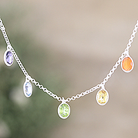 Multi-gemstone charm necklace, 'Sweet Rainbow Souls' - Sterling Silver Charm Necklace with Faceted Gemstones