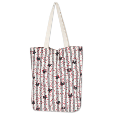 Block-printed cotton tote bag, 'Red Vines' - Leafy Block-Printed Cotton Tote Bag in Red and Grey