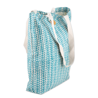 Cotton tote bag, 'Simple Harmony' - Teal Cotton Tote Bag with Hand-Blocked Printed Triangles