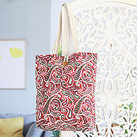 Block-printed cotton tote bag, 'Fuchsia Paisley' - Cotton Tote Bag with Block-Printed Fuchsia Pattern