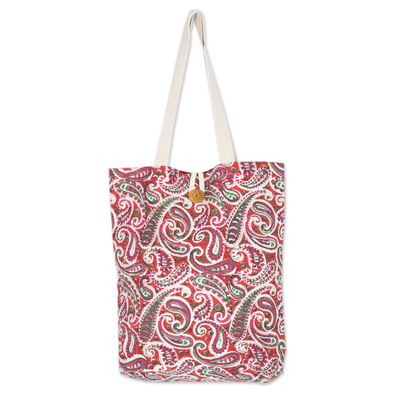 Cotton Tote Bag with Block-Printed Fuchsia Pattern
