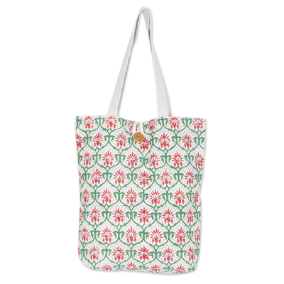 Handcrafted Cotton Tote Bag with Floral Pattern in Red
