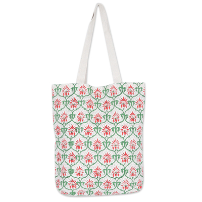Block-printed cotton tote bag, 'Strawberry Orchard' - Handcrafted Cotton Tote Bag with Floral Pattern in Red
