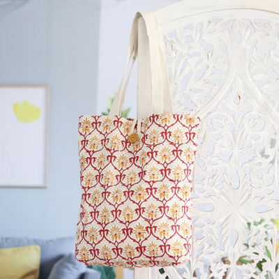 Block-printed cotton tote bag, 'Saffron Orchard' - Handcrafted Cotton Tote Bag with Floral Pattern in Saffron