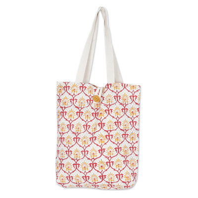 Handcrafted Cotton Tote Bag with Floral Pattern in Saffron