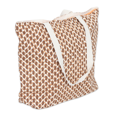 Block-printed cotton tote bag, 'Sepia Ties' - Cotton Tote Bag with Block-Printed Modern Design in Sepia