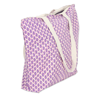 Block-printed cotton tote bag, 'Purple Ties' - Cotton Tote Bag with Block-Printed Modern Design in Purple
