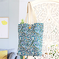 Block-printed cotton tote bag, 'Turquoise Paisley' - Cotton Tote Bag with Block-Printed Turquoise Pattern