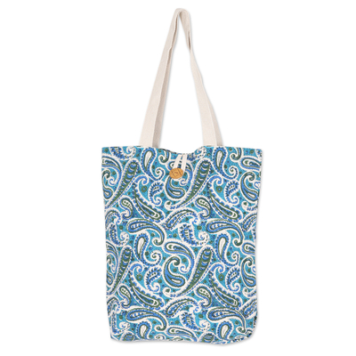 Cotton Tote Bag with Block-Printed Turquoise Pattern
