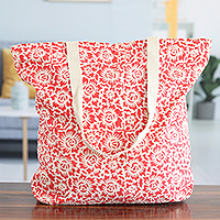 Block-printed cotton tote bag, 'Strawberry Fever' - Strawberry Cotton Tote Bag with Floral Block-Printed Design