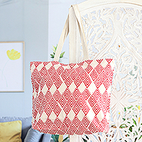 Baumwoll-Einkaufstasche mit Blockdruck, „Crimson Rhombus“ – handbedruckte Baumwoll-Einkaufstasche mit karminroten Diamanten