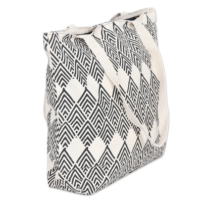 Block-printed cotton tote bag, 'Black Rhombus' - Hand-Block Printed Cotton Tote Bag with Black Diamonds