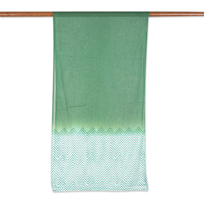Soft Green Cotton Shawl with Chevron Pattern Made in India