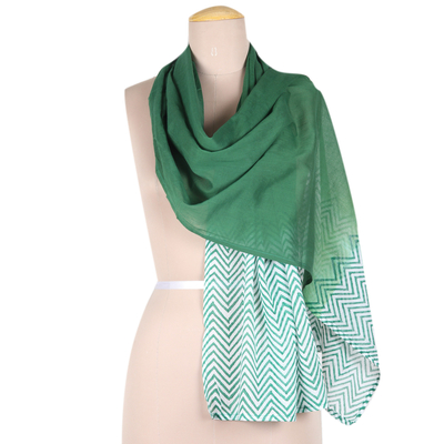Cotton shawl, 'Green Chevron' - Soft Green Cotton Shawl with Chevron Pattern Made in India
