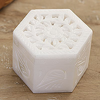Alabaster jewelry box, 'Blooming Traditions' - Handcrafted Alabaster Jali Jewelry Box from India