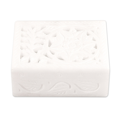 Alabaster jewelry box, 'Blooming Customs' - Handcrafted Alabaster Rectangular Jewelry Box from India