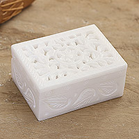 Alabaster jewelry box, 'Blooming Heritage' - Handcrafted Alabaster Floral and Leafy Jewelry Box