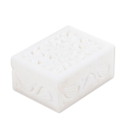 Alabaster jewelry box, 'Blooming Heritage' - Handcrafted Alabaster Floral and Leafy Jewelry Box