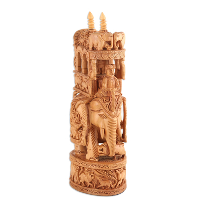 Wood sculpture, 'Elephant Joyride' - Elephant Wood Sculpture Exquisitely Hand-Carved in India