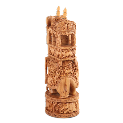 Wood sculpture, 'Elephant Joyride' - Elephant Wood Sculpture Exquisitely Hand-Carved in India