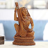 Wood sculpture, 'Enlightened Meera' - Wood Sculpture of Meera Mirabai Hand-Carved in India