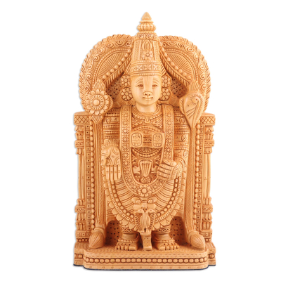 Wood Sculpture of God Balaji Vishnu Hand-Carved in India