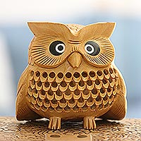 Wood figurine, 'Owl Charm' - Wood Figurine of An Owl Exquisitely Hand-Carved in India