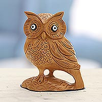 Wood figurine, 'Owl Glory' - Hand-Carved Wood Figurine of An Owl from India