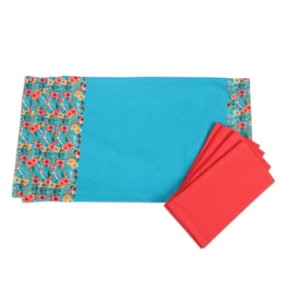 Placemat and napkin set, 'Floral Greetings' (set for 4) - Cotton Placemats and Napkins with Floral Motif (Set of 4)