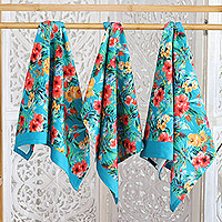 Cotton dish towels, 'Floral Greeting' (set of 3) - Set of 3 Turquoise Cotton Dish Towels with Floral Motifs