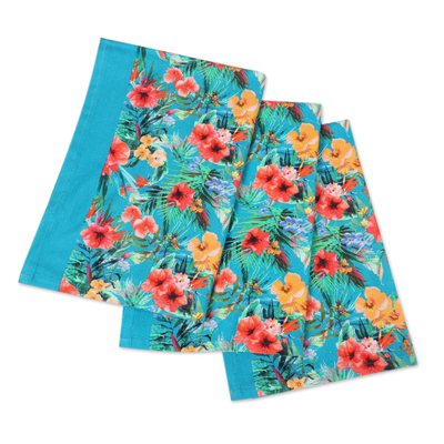 Cotton dish towels, 'Floral Greeting' (set of 3) - Set of 3 Turquoise Cotton Dish Towels with Floral Motifs