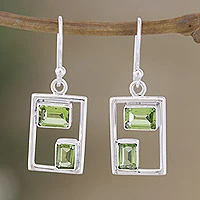 Peridot dangle earrings, 'Fortune Order' - Rectangular Faceted Peridot Dangle Earrings from India