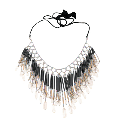 Wasserfall-Halskette aus recyceltem Papier und Kristallperlen, 'Night Marquise' - Umweltfreundliche schwarz-goldene Perlen-Wasserfall-Halskette