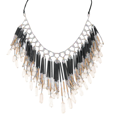 Wasserfall-Halskette aus recyceltem Papier und Kristallperlen, 'Night Marquise' - Umweltfreundliche schwarz-goldene Perlen-Wasserfall-Halskette