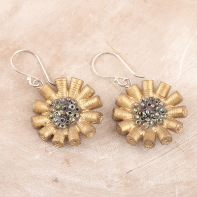 Recycled paper and glass beaded dangle earrings, 'Golden Rebirth' - Floral Recycled Paper and Glass Beaded Dangle Earrings