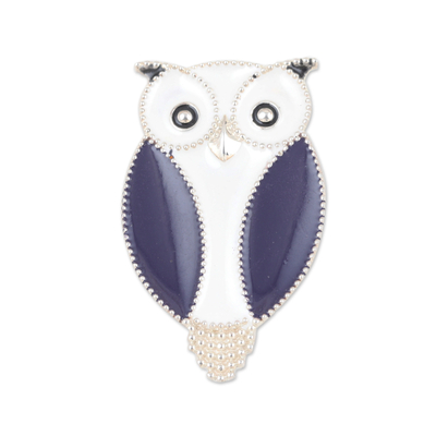 Sterling silver brooch pin, 'Glorious Owl' - Blue Owl-Themed Sterling Silver Brooch Pin from India