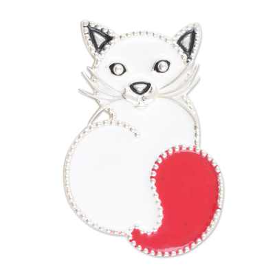 Broche de plata de ley - Broche de plata esterlina con tema de gato rojo de la India