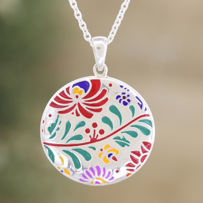 Sterling silver pendant necklace, 'Jaipur Garden' - colourful Floral Sterling Silver Pendant Necklace from India