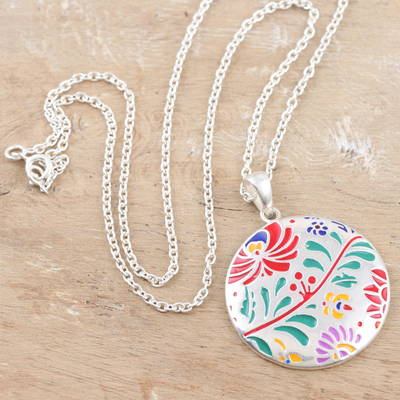 Sterling silver pendant necklace, 'Jaipur Garden' - colourful Floral Sterling Silver Pendant Necklace from India