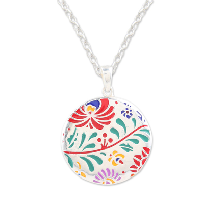 Collar colgante de plata esterlina - Collar con colgante floral colorido de plata esterlina de la India