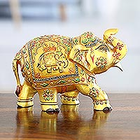 Wood figurine, 'Golden Pachyderm' - Wood Figurine of Golden Elephant Hand-Painted in India