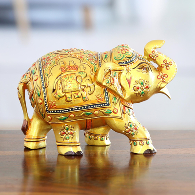 estatuilla de madera - Figura de Madera de Elefante Dorado Pintada a Mano en India