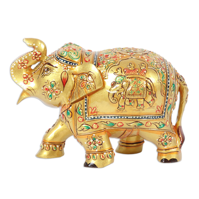 Wood figurine, 'Golden Pachyderm' - Wood Figurine of Golden Elephant Hand-Painted in India