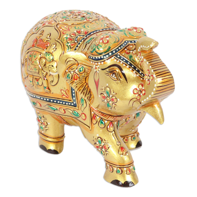 estatuilla de madera - Figura de Madera de Elefante Dorado Pintada a Mano en India