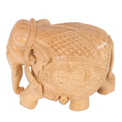 Wood sculpture, 'Formidable Elephant' - Wood Sculpture of Elephant in Robes Hand-Carved in India