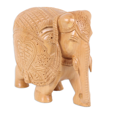 Wood sculpture, 'Formidable Elephant' - Wood Sculpture of Elephant in Robes Hand-Carved in India